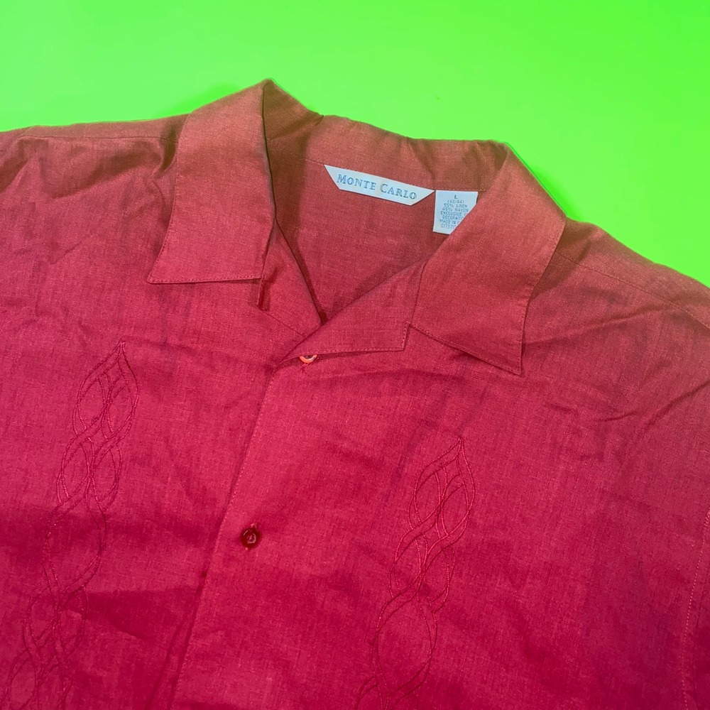 Monte Carlo Mens Red Linen Blend Short Sleeve Button Up Shirt Size L Embroidered